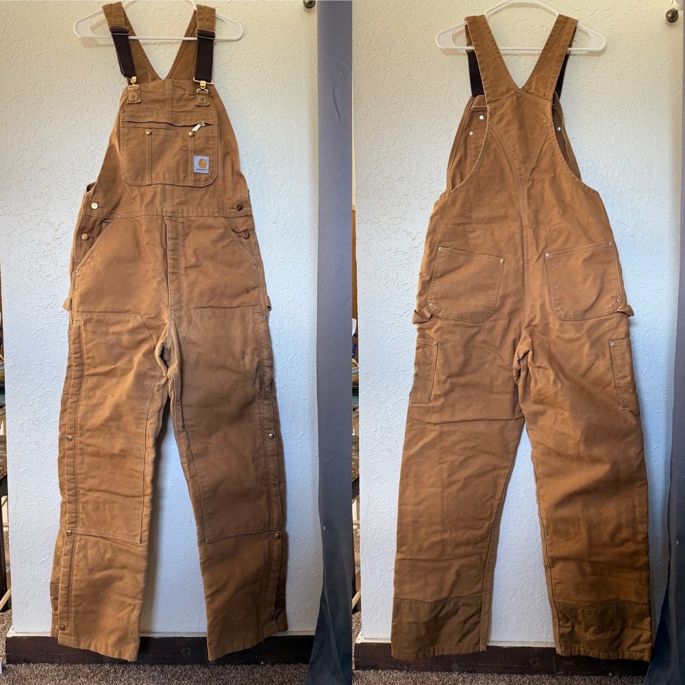 Carhartt R41 BRN Quilt Lined Duck Canvas Distressed Overalls Mens 36x34 Brown